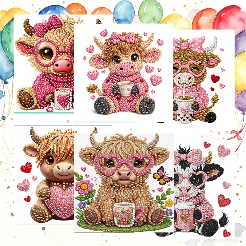 TEMU 6pcs Diy Diamond Painting Greeting Card & Envelope Set - Cow Cow Series Mosaic Art Suitable For Birthdays, Holidays, Handmade Craft Cards With