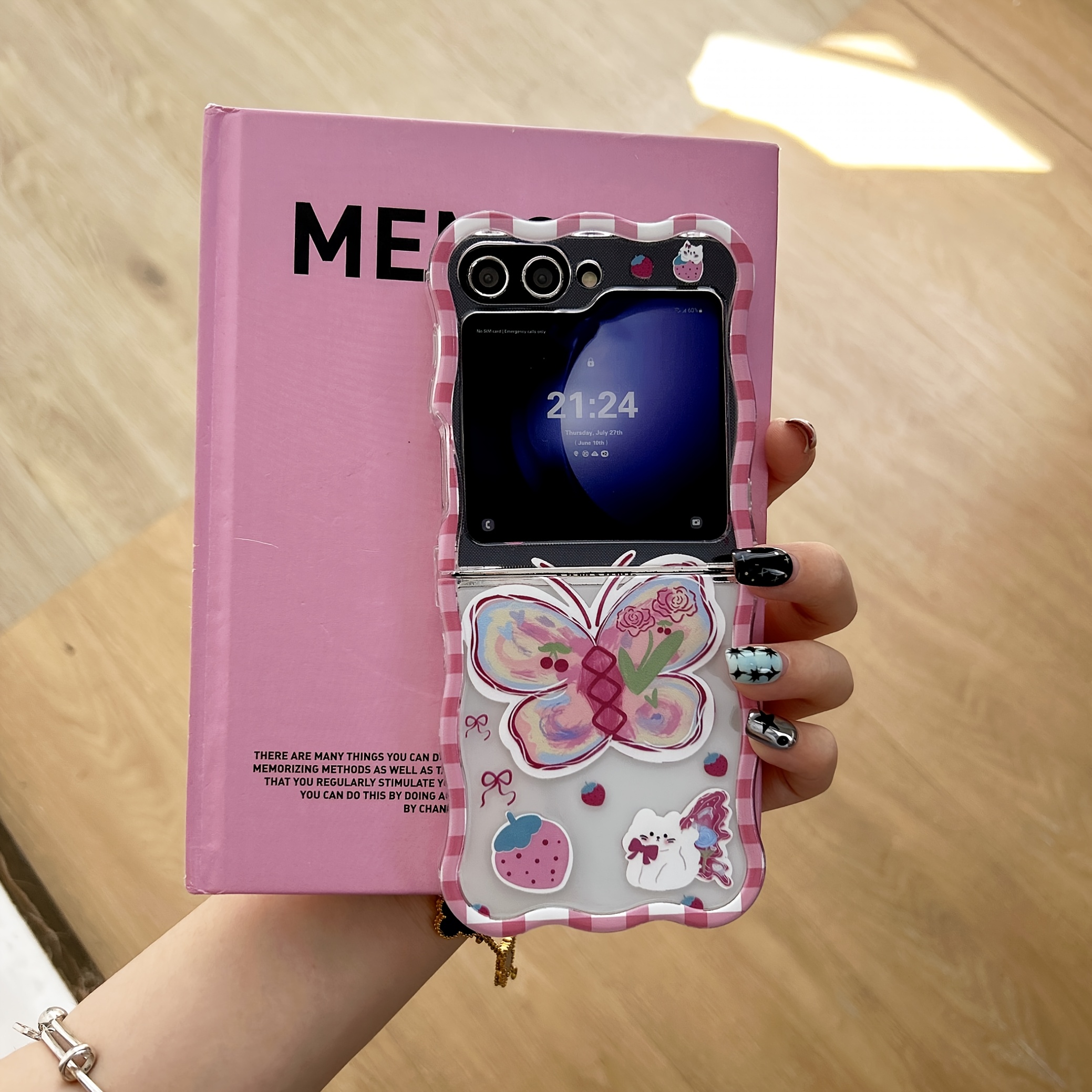 TEMU Phone Case: Wavy Red Plaid Top-bottom Folding Phone Case, Suitable For Z Flip 3/4/5/6/7/7fe Strawberry Rabbit Flip Cover Full-protection Case