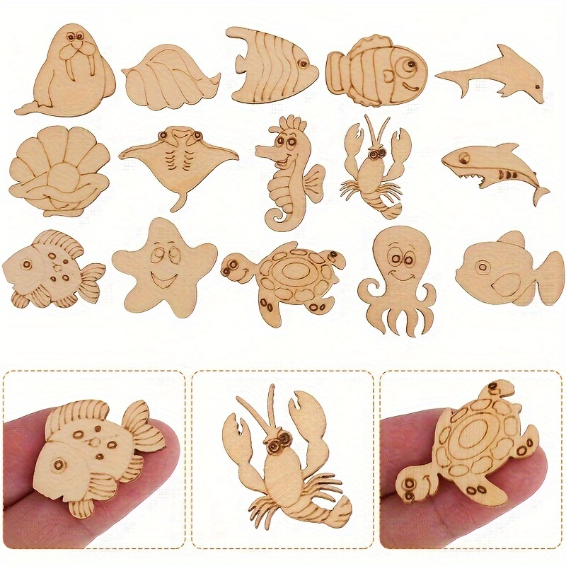 

50pcs Ocean Wooden Craft Cutouts - Unpainted Sea Animal Shapes Including Octopus, Whale, Dolphin & More - Ideal For Diy Projects, Home Decor & Creative , Aquarium Decorations