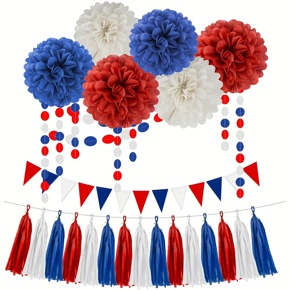 Image of Red, White, And Blue Party Decorations - A Set Of 23 Tissue Pom Poms And Paper Tassel Garlands With Circular Wreaths And Triangular Flags, Perfect For Day And Graduation Celebrations