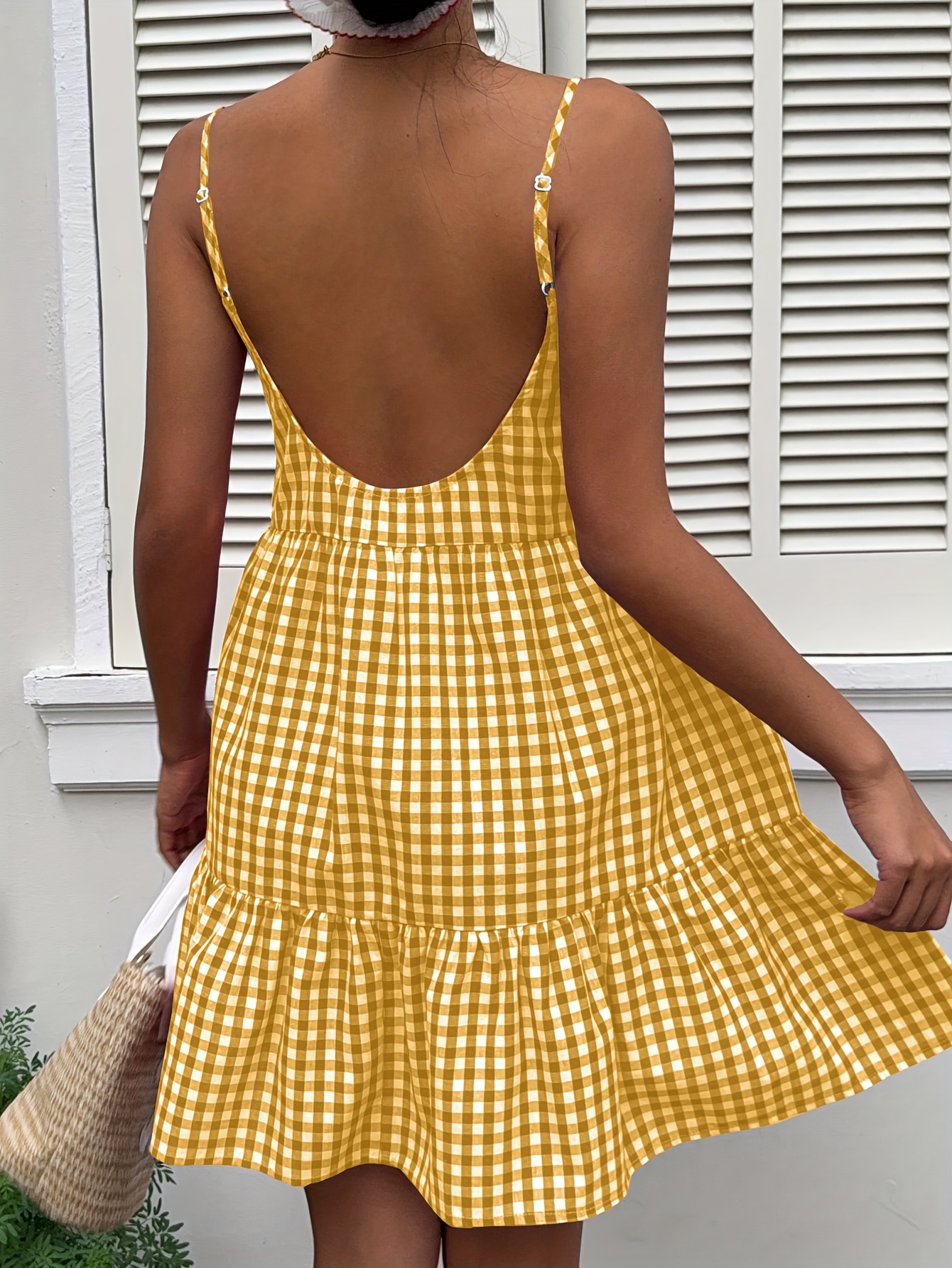 gingham backless dress Gingham Open Back Mini Dress for Summer Vacation