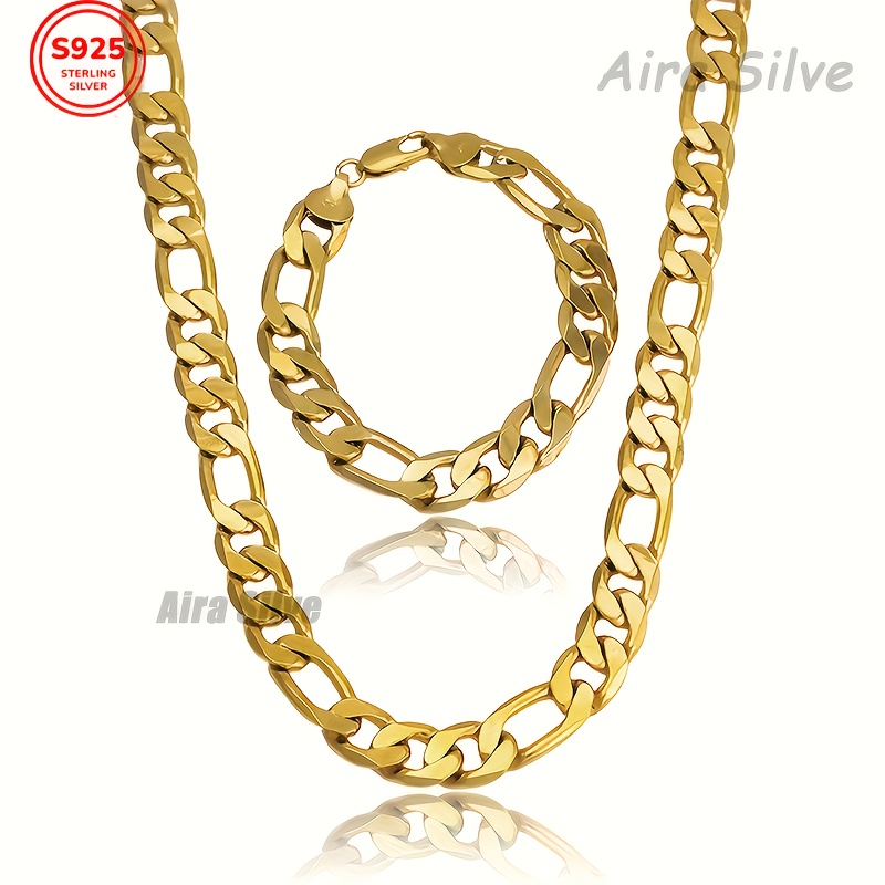 TEMU Set Of 2 Cuban Chains In 925 Silver, Including A Bracelet And Necklace, Ideal For Men's Additions. This Vintage Collection Features High-quality