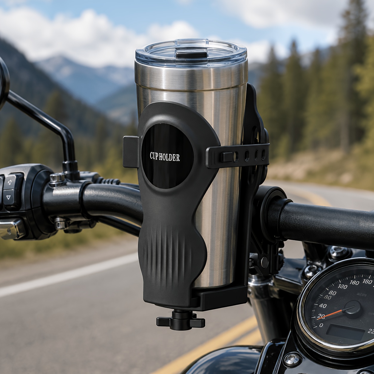 universal bicycle cup holder motorcycle cup holder handlebar cup holder and bicycle water bottle holder featuring an adjustable water bottle holder with silicone straps and a knob Product details 1