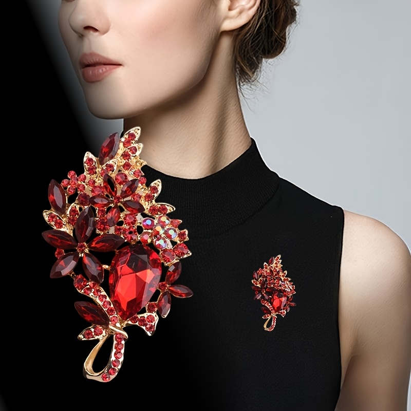 E-shop Luxuriöse Rote Strass-Brustblumen-Brosche - Retro-Eleganz mit Einzigartigem Design, Hochwertiges Legierungsmaterial, für Schals, Jacken, ,
