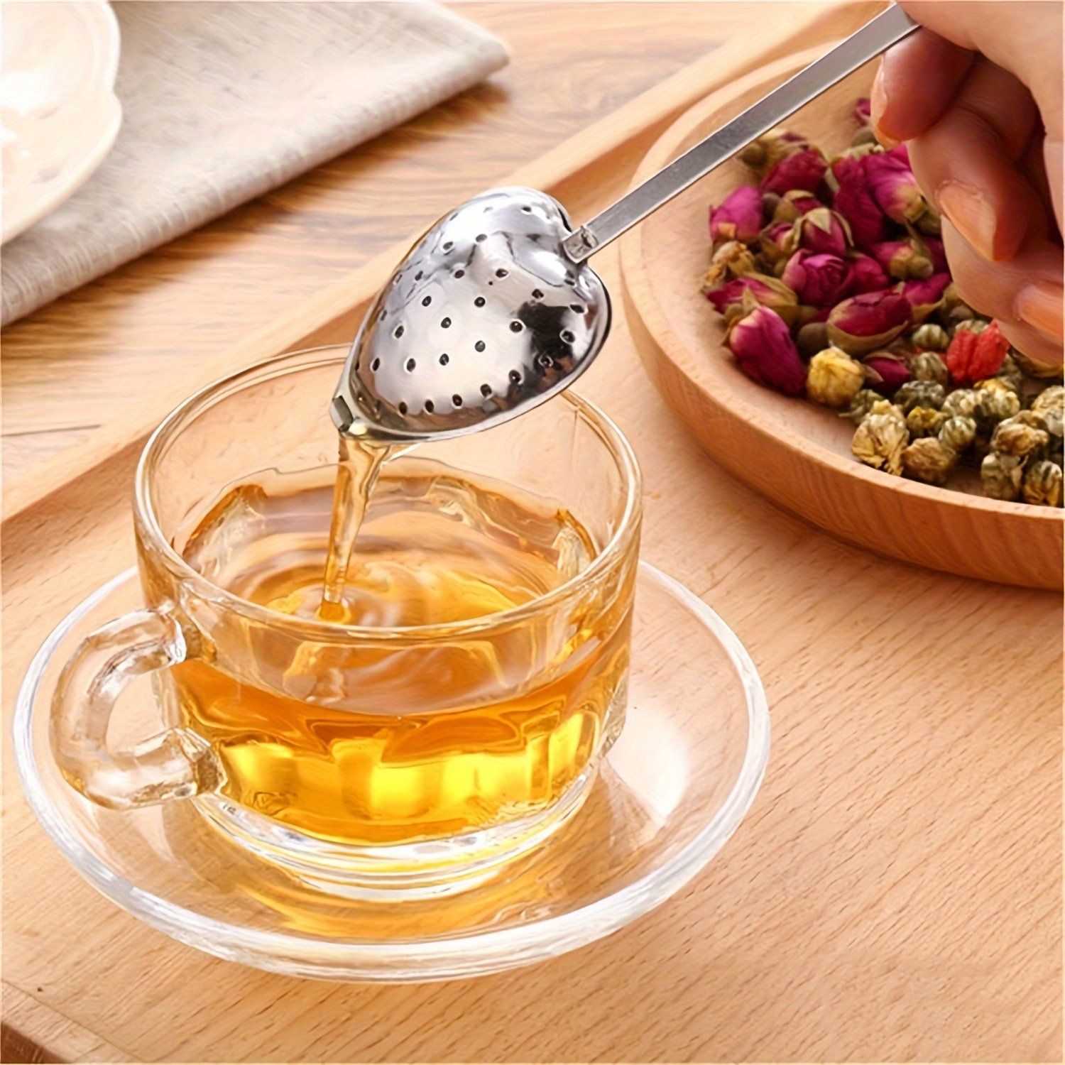 1pc heart shaped stainless steel tea infuser with long handle loose leaf tea strainer essential kitchen accessory for   details 2