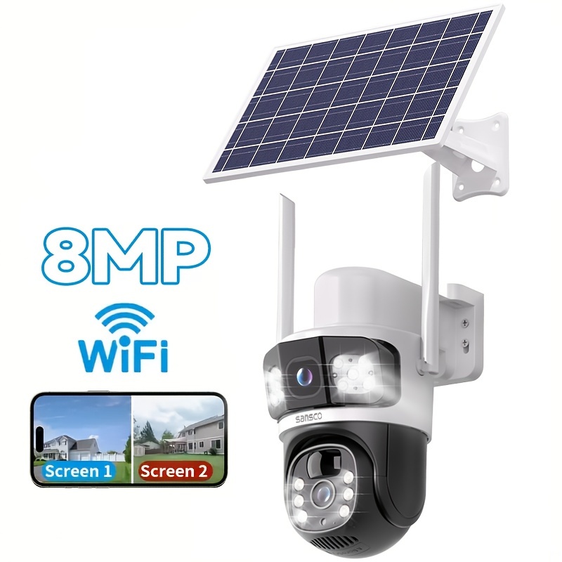 

Dual Lens 8mp Wireless Solar Security Camera, 2.4g Wifi Outdoor Camera, 360° Pan & Tilt Surveillance With Night Vision, Pir Motion Detection, Audio, Rechargeable Battery And 8w Solar Panel