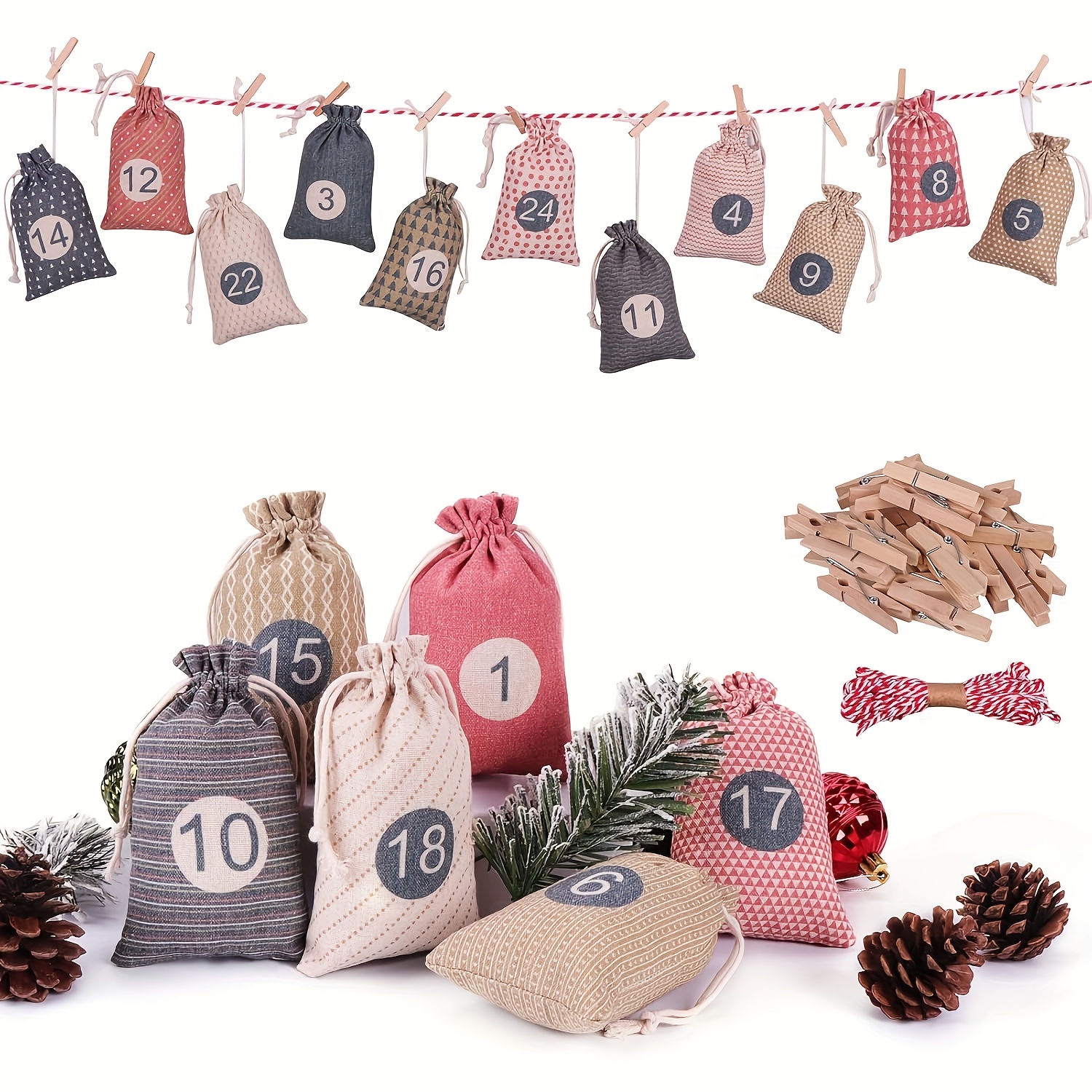 Christmas Countdown Calendar to Fill Yourself, 24-Pocket Hanging Craft Kit for Kids - Colorful Design Christmas Gift Bags