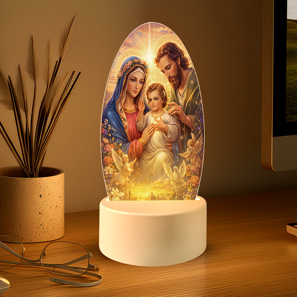 TEMU Lámpara Nocturna de Católica, Decoración Religiosa de Mesa con /Ángeles/Flores, Base y Luz para Regalos de Bautismo, Decoraciones de Pascua o