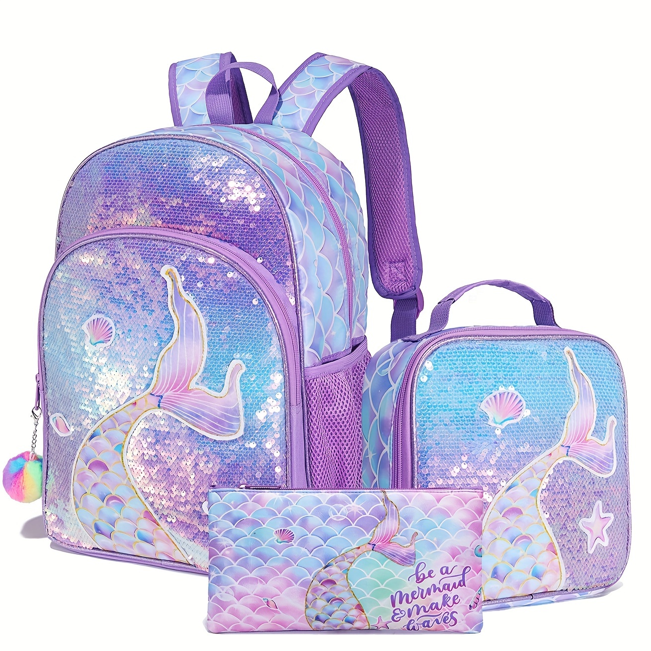 

3pcs Mermaid & Unicorn Sequin Backpack Set - Includes Shoulder Bag, Lunch Box, And Pencil Case For Women - Fashionable Polyester, Portable Design