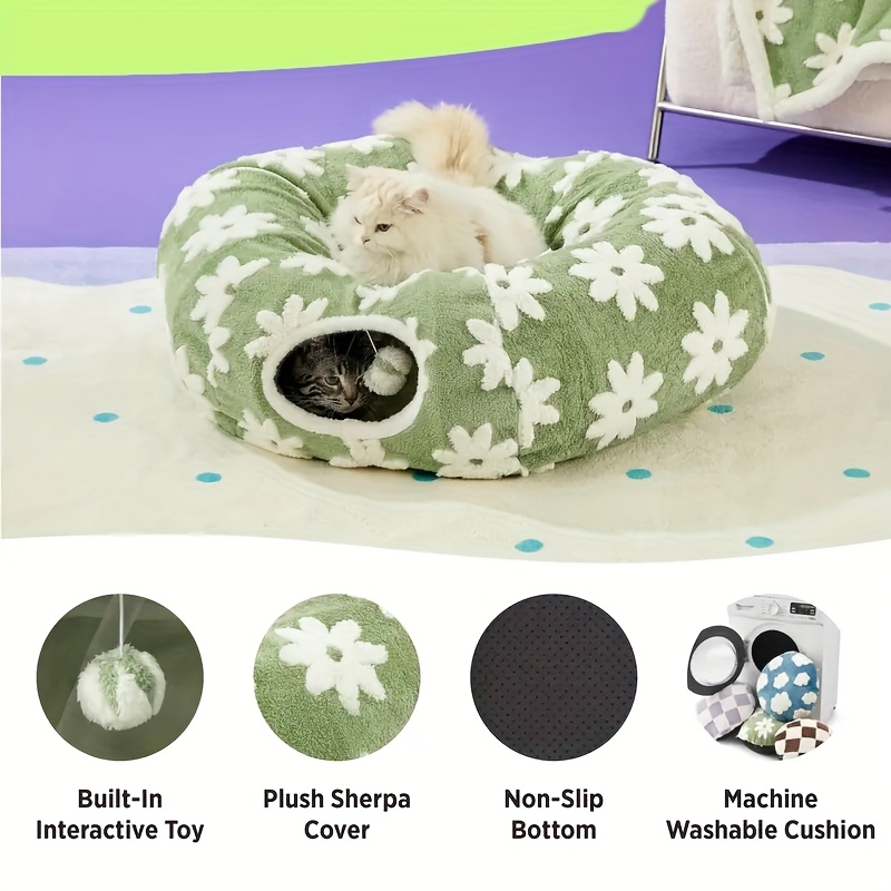 Plush Cat Tunnel in Light Blue Cloud & Green Small Flower Donut Design