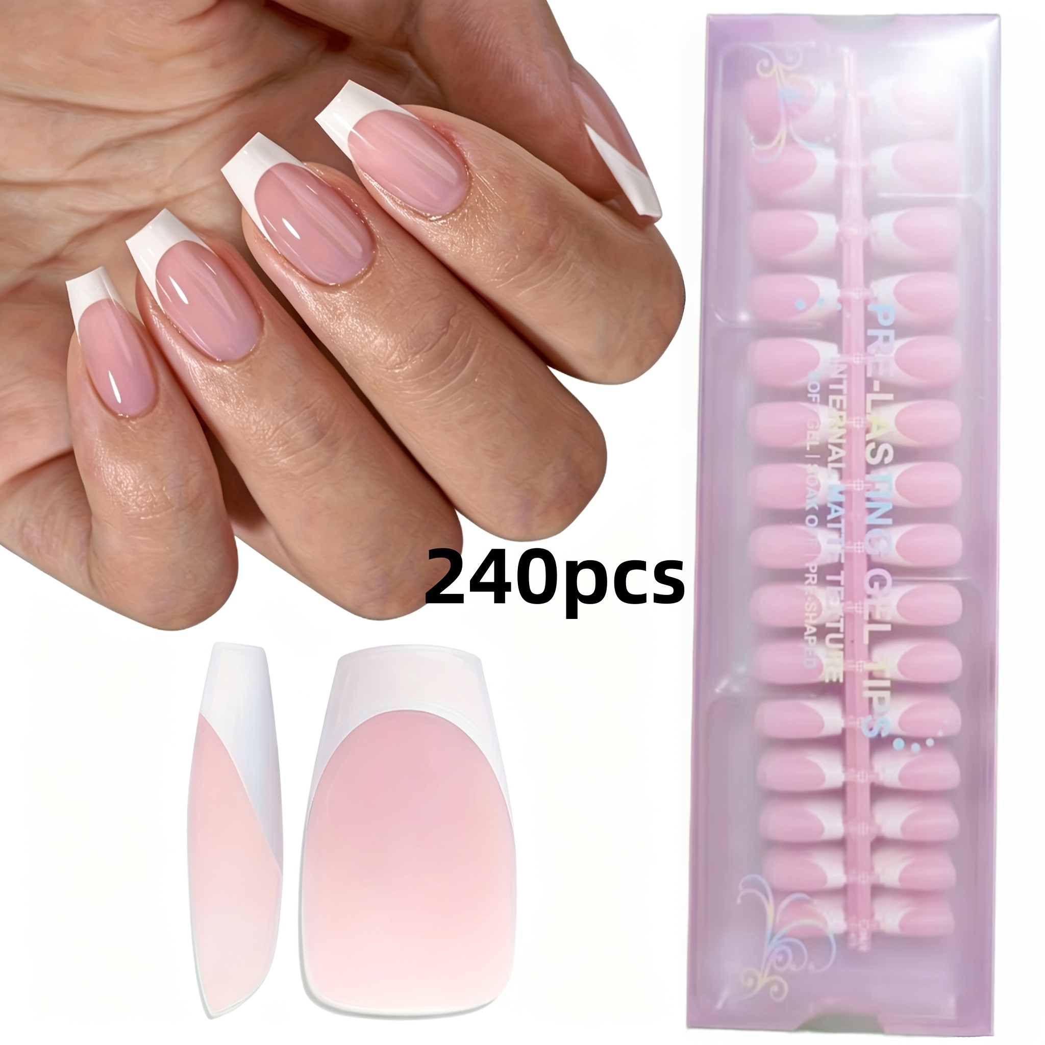 Image of Set Of 240 Pink French Tip Medium Ballerina Press-on Nails Featuring A Removable Base And Tipped Coat, Soft Gel Tips With Building Gel And , Designed For Women And For Easier Nail Adjustments