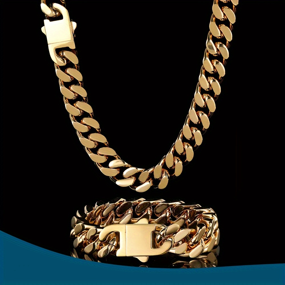 

14mm Thick 18k Gold Plated Cuban Chain Necklace Bracelet Chunky Miami Hip Hop Neck Chains For Men Boys
