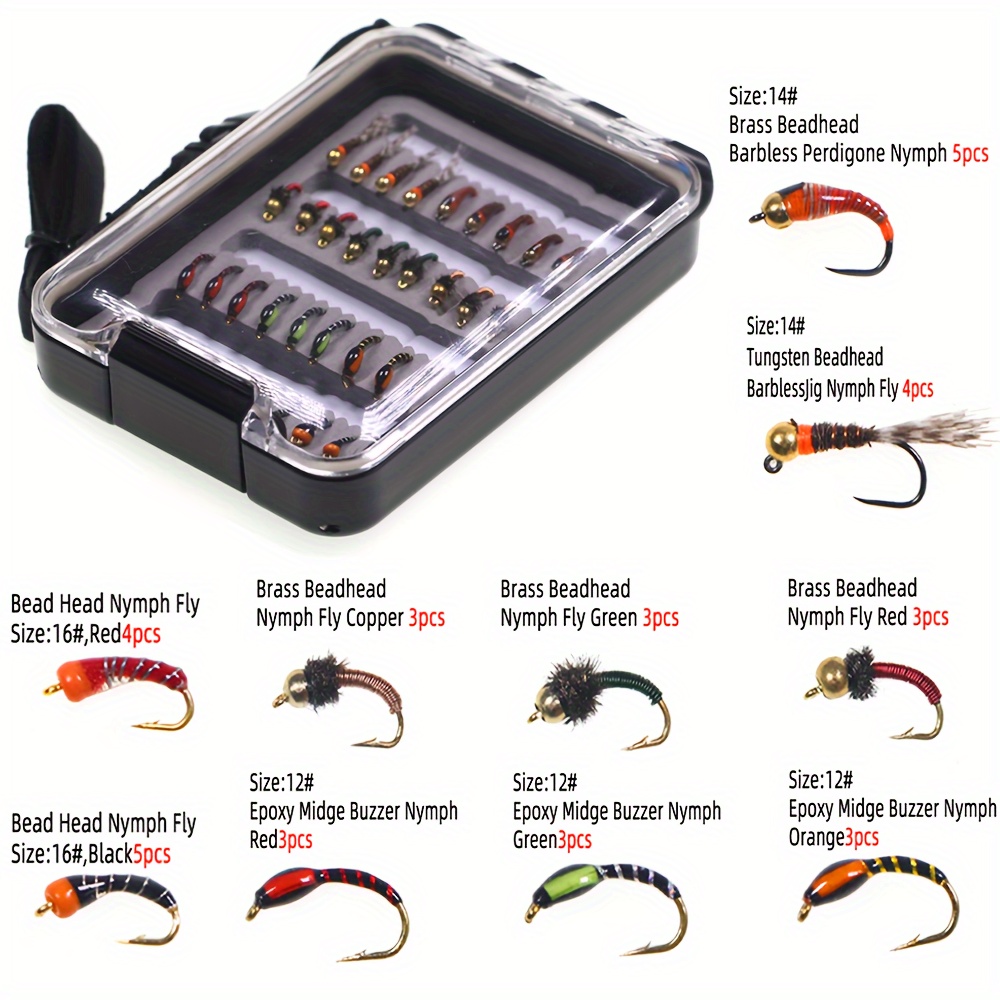 

36pcs Handmade Fly Fishing Flies Set - Carbon Steel Trout Bass Panfish Lure Kit With Epoxy Buzzer, , Bead Head Fishing Gear