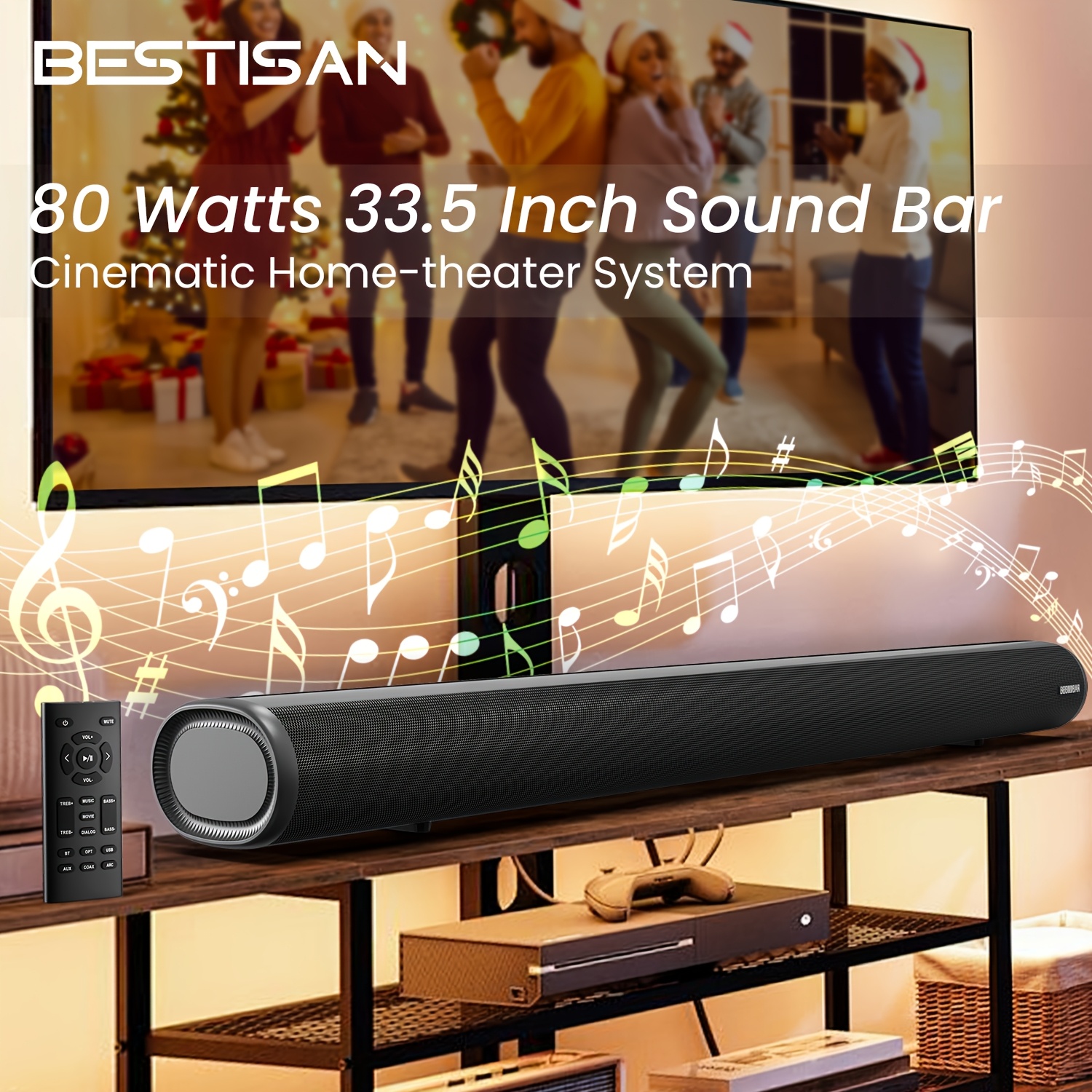 

Bestisan , 80 33.5 Inch Sound Bars For Tv With Bt 5.0, 3 Eqs, Bass Adjustable, Arc/optical/coaxial/aux/usb Connection For Home Theater, Gaming, Pc, Projectors.