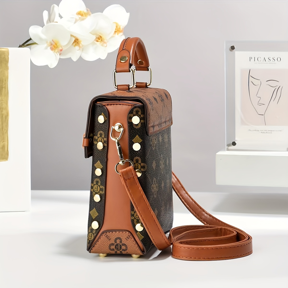 chic mini teddy bear knit hat design womens handbag retro geometric pattern magnetic closure brown with hardware large capacity multi layer purse for everyday use cute purse Product details 6