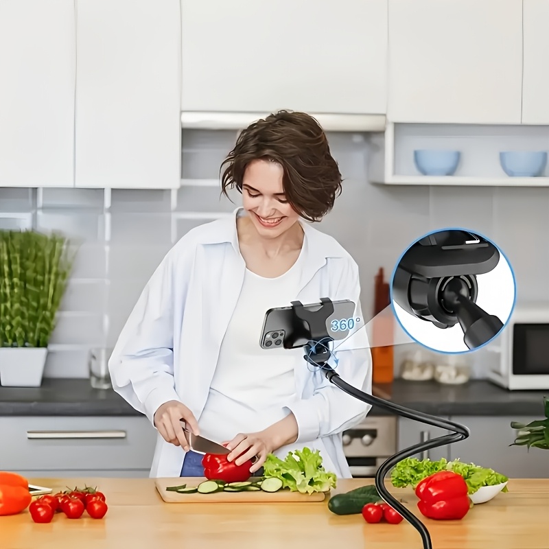 360-degree adjustable gooseneck phone holder with spiral clamp, made of carbon steel, approximately 59.99 cm in length. it adopts   that , suitable for use on a bedside table or desktop 6