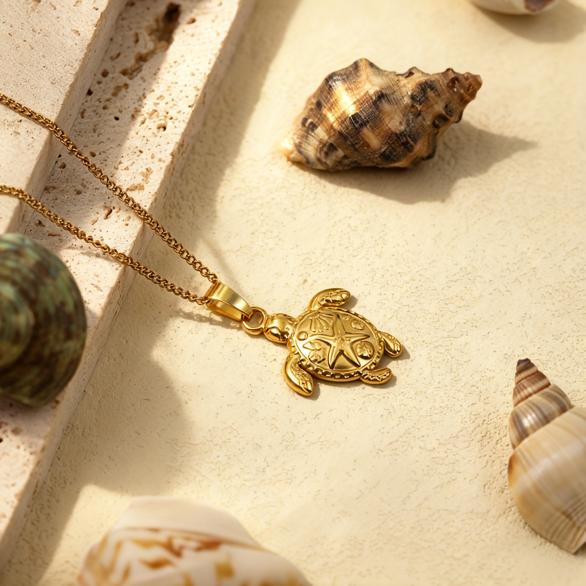 Unique Sea Turtle Pendant Necklace with Starfish Texture