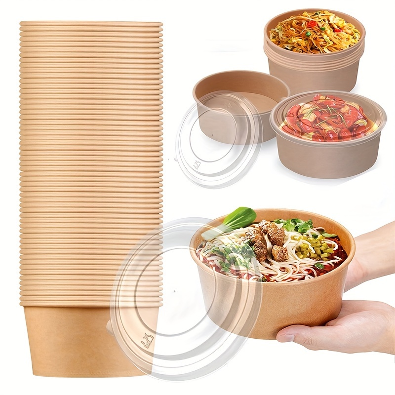 

25/50-piece Large 36oz Kraft Paper Bowls With Lids - Perfect For Soup, Salad, Noodles - Safe For Hot & Cold Foods - Ideal For Takeout, Picnics, Parties