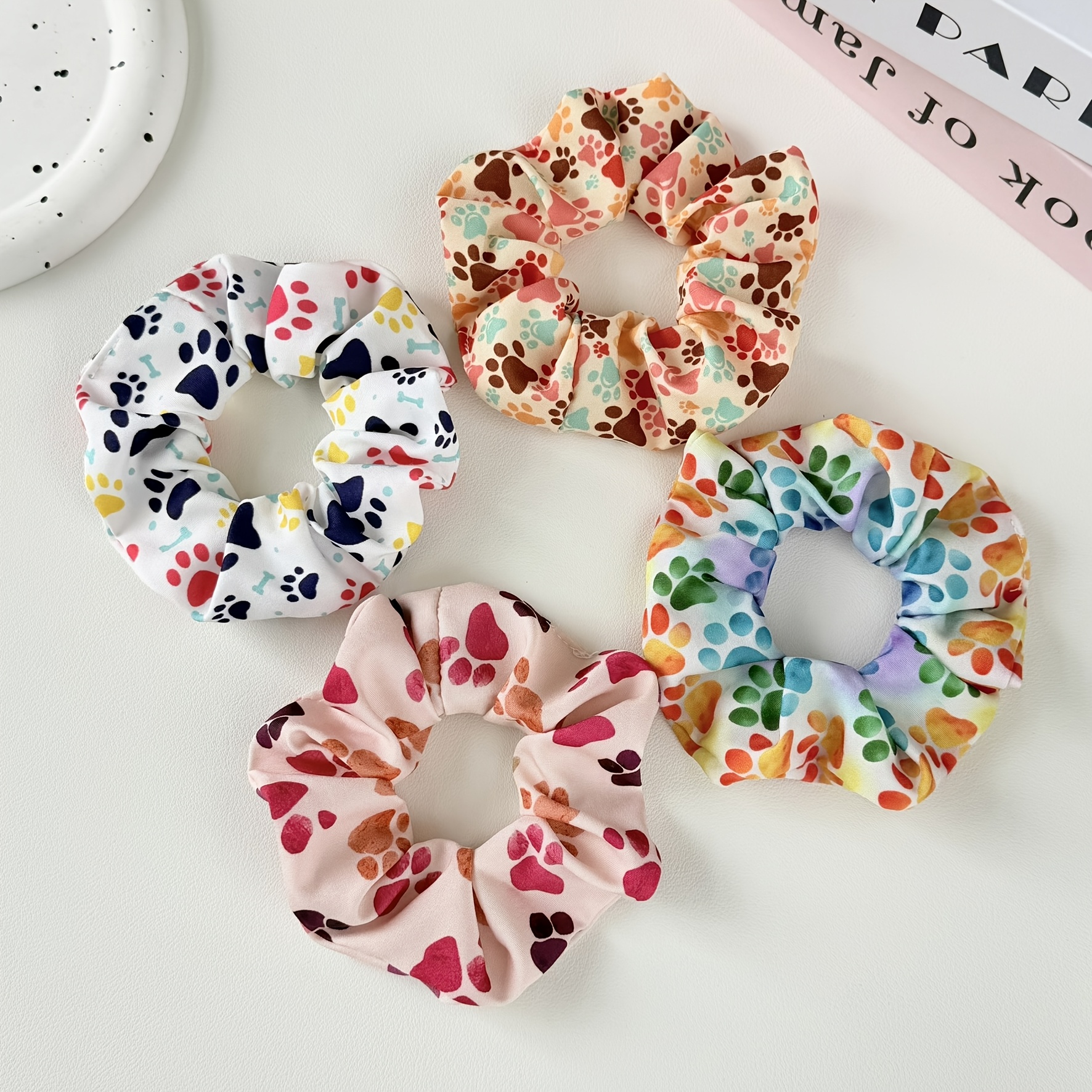 TEMU 4pcs Women's Sweet Elegant Colorful Cartoon Dog Paw Pattern Scrunchies, Soft And Comfortable Women's Fashionable Cute Colorful Paw Print Hair