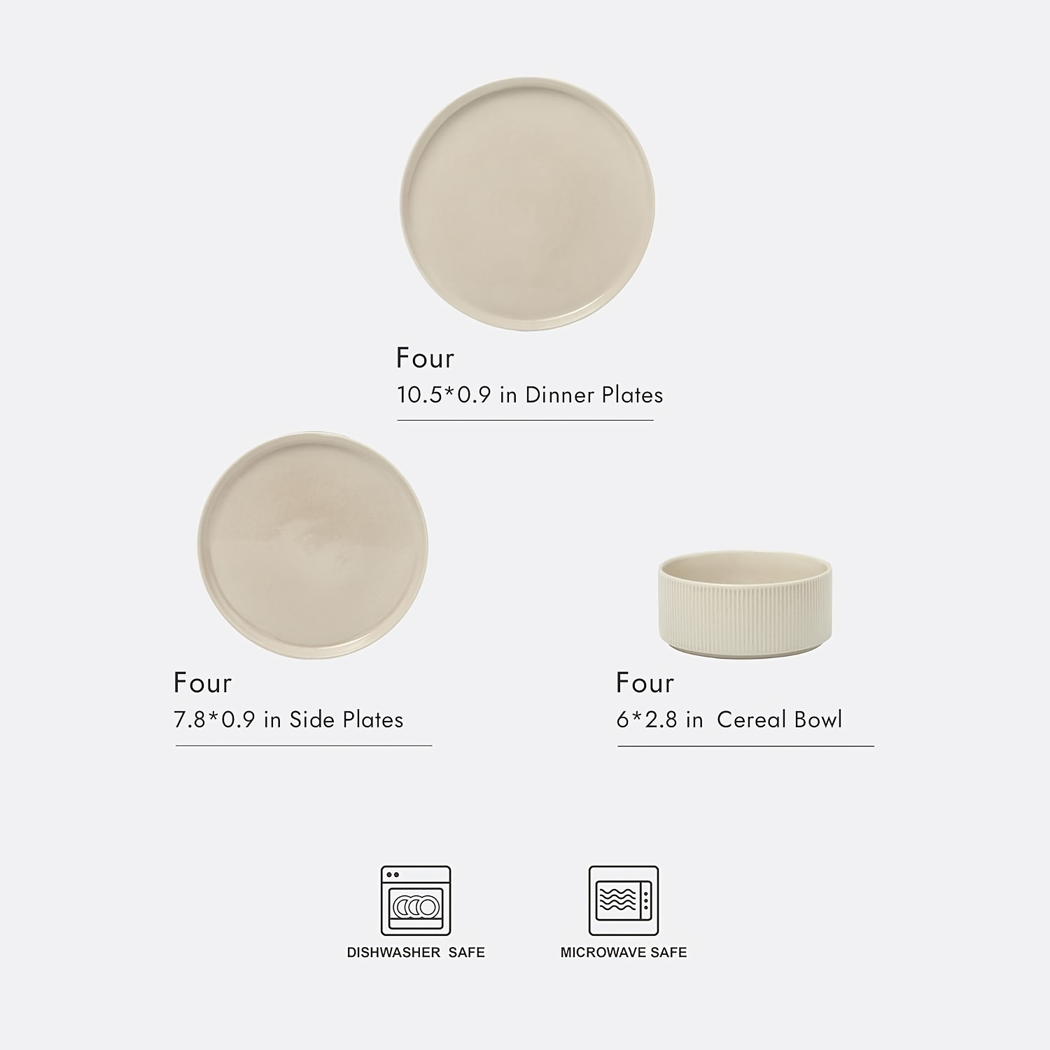TEMU 12- Piece Reed Dinnerware Set- Reactive Glaze Stoneware In Matte Cream Color- Plates And Bowls For 4, Christmas Gift, Scratch Resistant Ceramic