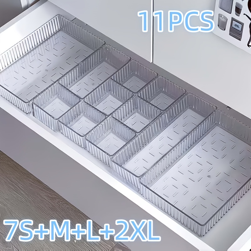 TEMU 11pcs Set Transparent Striped Desktop Box Drawer Organizer, Drawer Storage Combination Set, Lipstick And Cosmetic Storage Box, Suitable For