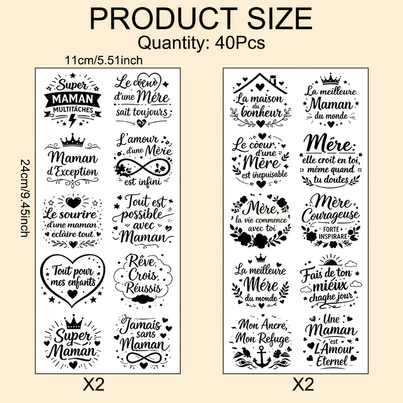 TEMU 4 Feuilles de Papier Transfert Vinyle Style Français pour Maman - Idéal pour DIY, Étanche et aux Rayures - Adapté aux Mugs, Coques de Téléphone,