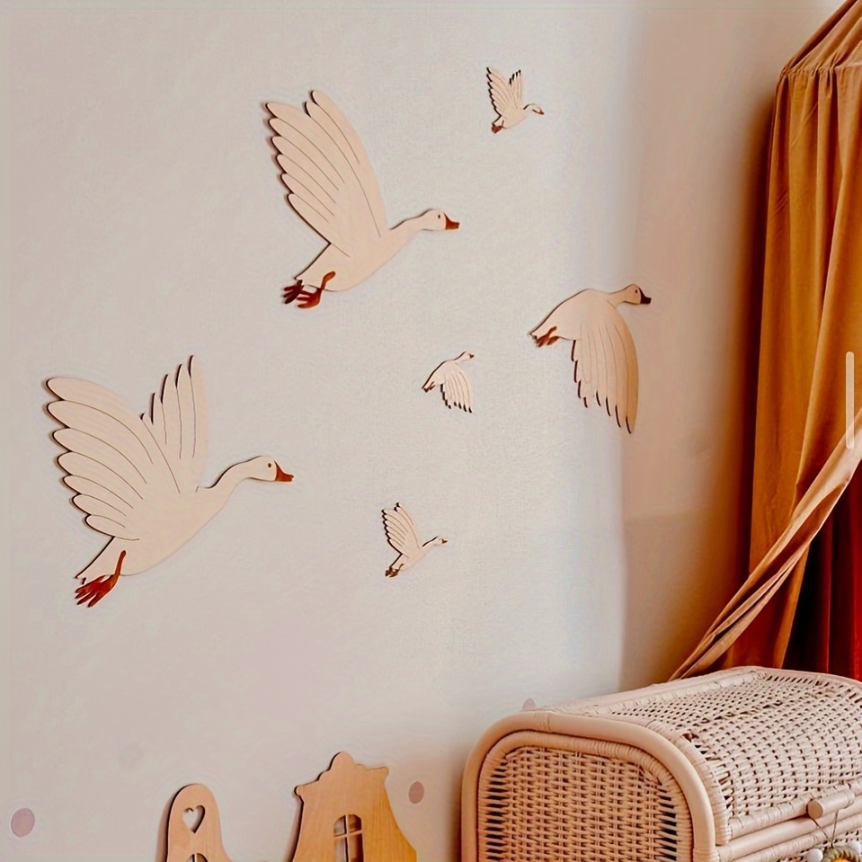 

6pcs Set Of Wooden Flying Swan Wall Decor - Reusable, Self-adhesive Cartoon Animal Art For Home & Nursery