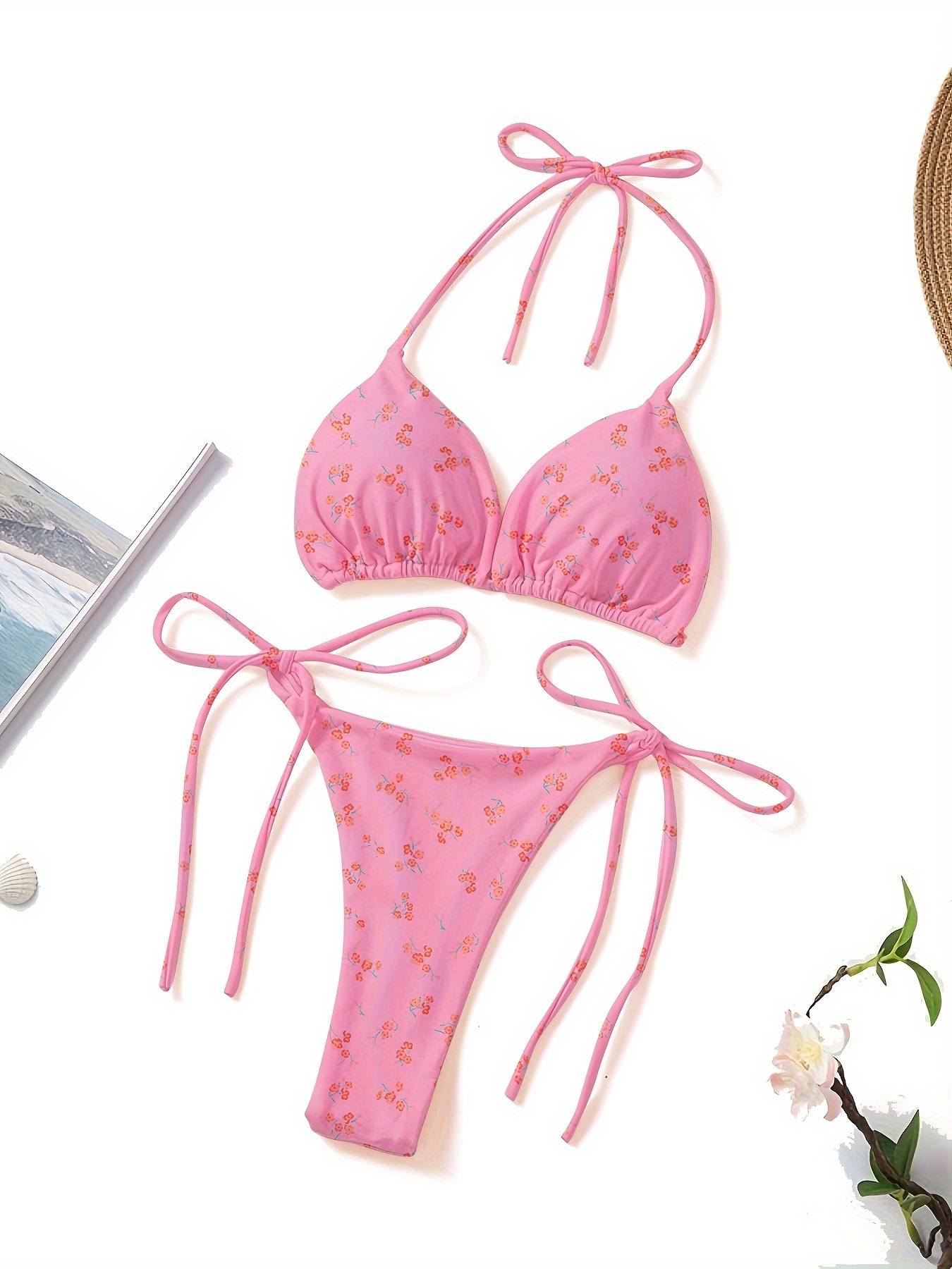 Floral Print V-Neck Bikini Set for Women, Polyester and Elastane Blend, High Stretch, Knit Fabric, with Bow Detail, for Sexy Lingerie Style Swimwear