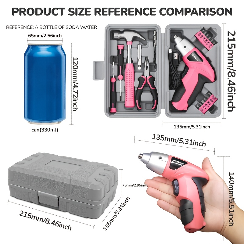 hi 6v electric screwdriver in pink a usb rechargeable lithium battery handheld tool kit portable and in multiple colors suitable for home the kit a claw hammer screwdrivers drill bits Product details 1