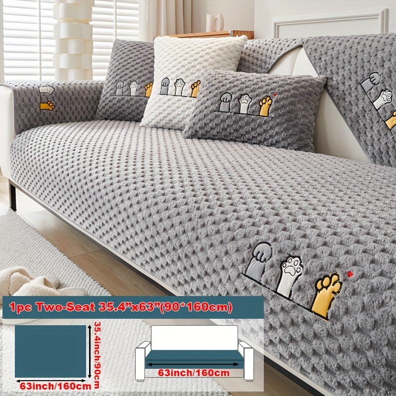 TEMU 1pc Modern Pet-friendly Embroidered Short Plush Sofa Cover With Cute - Machine Washable, Hand Washable, 300-350 G/㎡