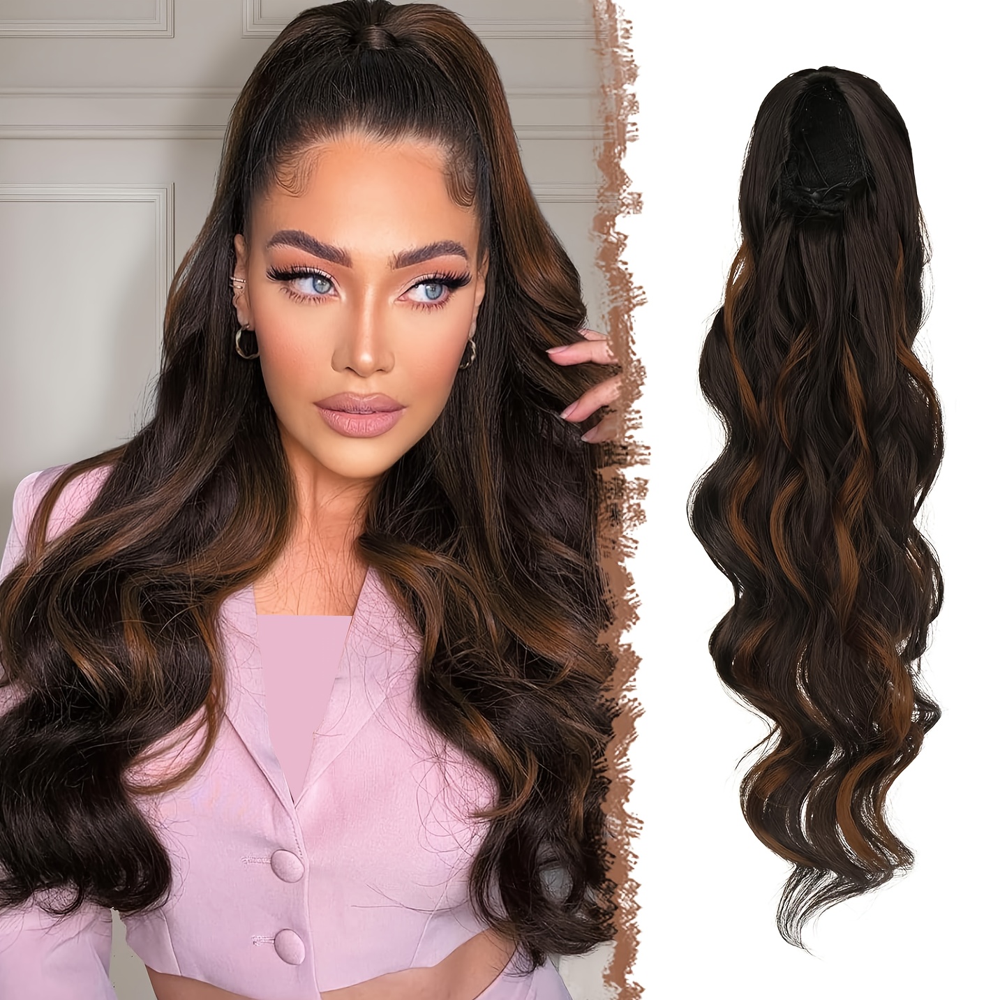 Image of 24-inch Long Ponytail Hairpiece With A Drawstring, Featuring Synthetic Wavy And Curly Styles In A Honey Blonde And Light Brown Mix, Perfect For Women. The Highlighted Hair Trendy