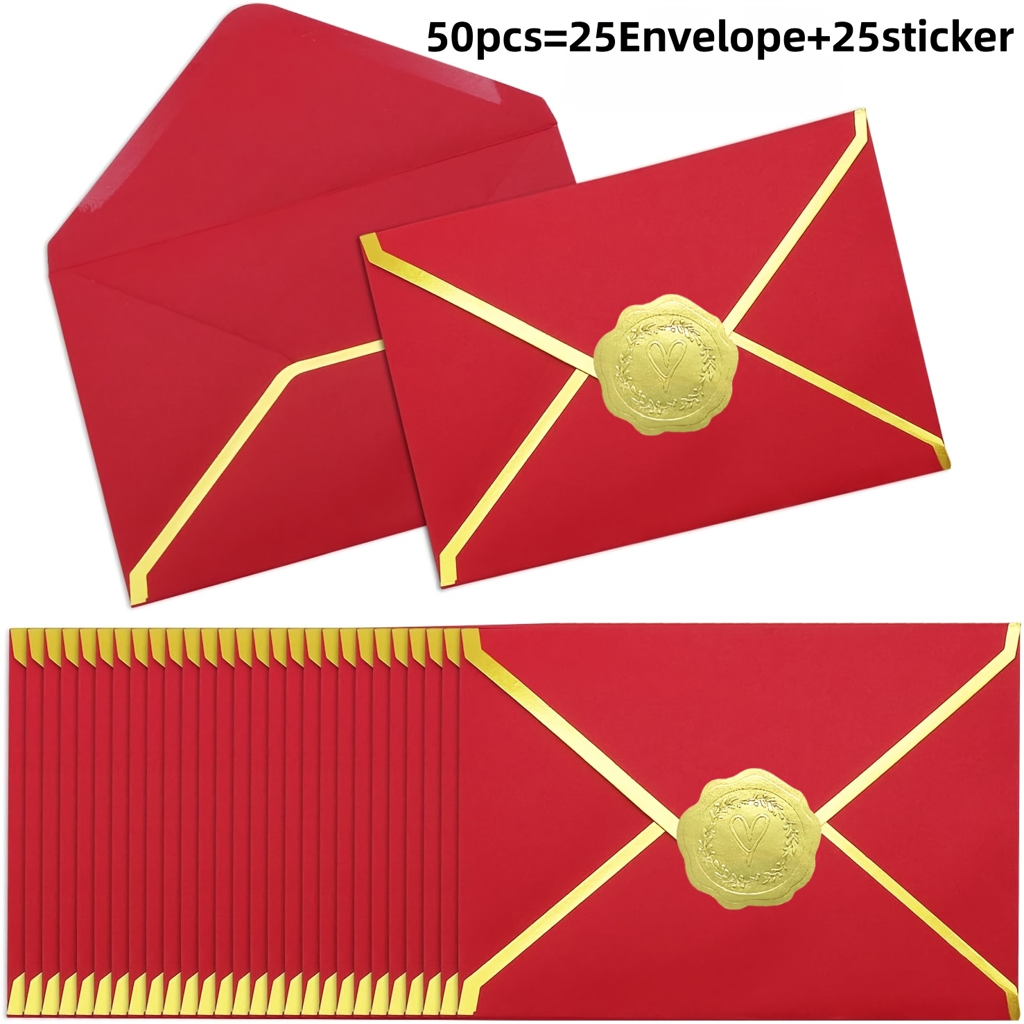 TEMU 50pcs Set Includes 25 Red Envelopes + 25 Stickers, 5x7 Inches Rose Red, Pearl Cardstock A7 Invitation Business Mailing Envelopes With Borders,
