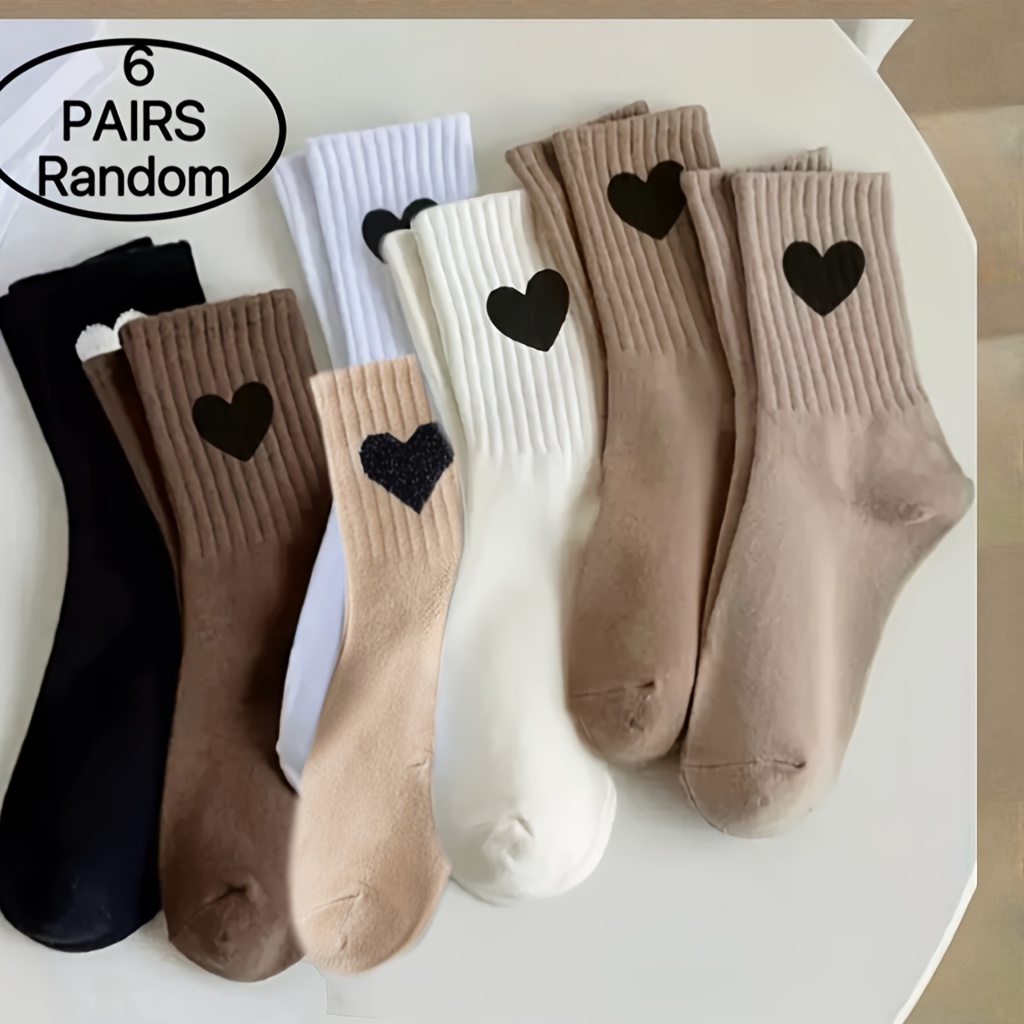 TEMU 6 Paar zufällige Stile, Vier-Jahreszeiten-Style, einfaches herzförmiges Muster, Herzmuster, mittellange Socken