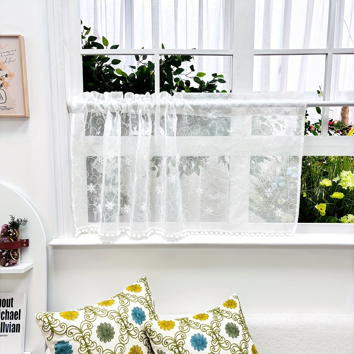 Image of 1pc Embroidered Floral White Sheer Curtain With Rod For Easy Hanging, Perfect For Canteen And Living Room And Bedroom Decor Curtains For Living Room Curtains For Bedroom, Festival Decoration, No Rod