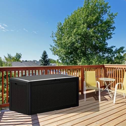 100 gallon deck box outdoor storage boxes indoor and outdoor use waterproof resin storage boxes for package patio pads gardening tools lockable uv resistant black cabinet rack for outdoor storage