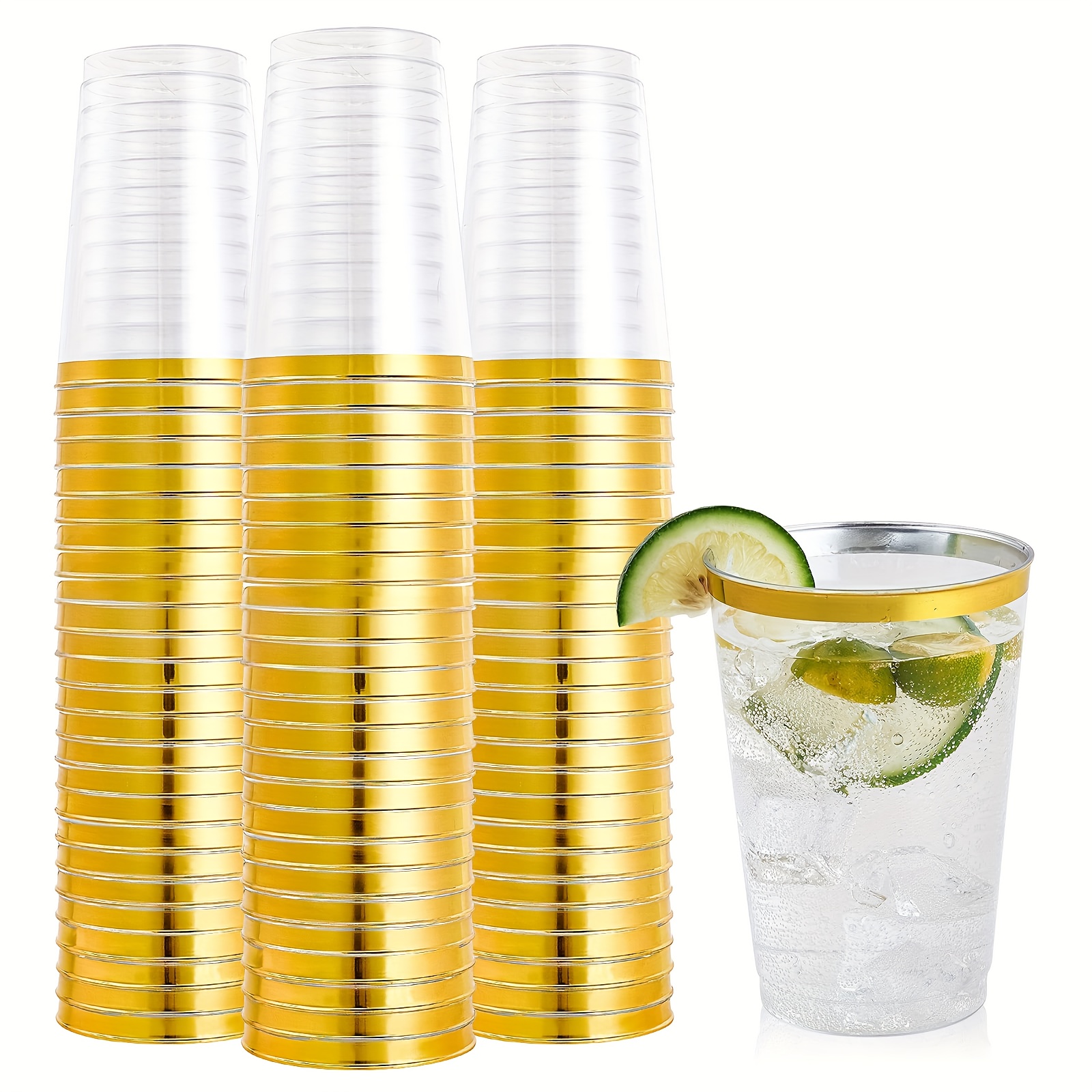 TEMU 100 Pack 12oz Golden Rimmed Plastic Cups, 12 Ounce Clear Plastic Tumblers, Heavy-duty & Fancy Disposable Hard Cups With For Wedding