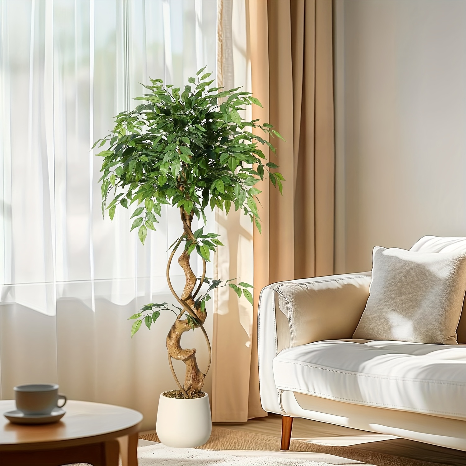 121.92/152.4/182.88cm Artificial Ficus Tree with Lifelike Curved Trunk & Realistic Silk Leaves - White Planter Pot Indoor Faux Plant for Home Office Living Room Decor, Housewarming Reception Gift, No Maintenance Low-Cost Home Decor, Artificial Plants for Home Decor, Office Decoration, Elegant Decor, Durable Construction, Decorative Plant, Interior Designers, Modern Decor, Highquality Foliage, Office Workers
