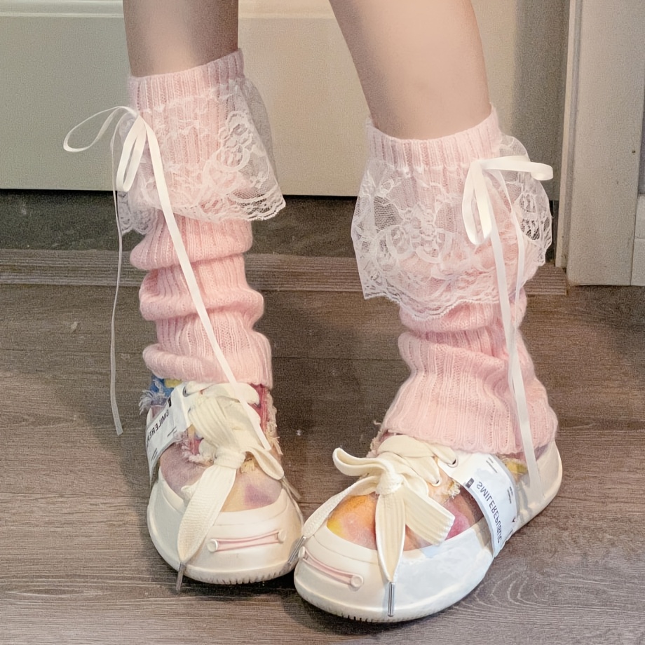 E-shop 1 Paar - Gerippte Schleifen-Spitzen-Patchwork-Beinwärmer, Spitzenbesatz Y2K Niedlicher Stil Träger-Socken-Überhüllen