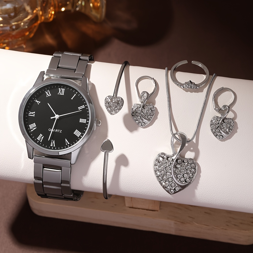 6pcs Elegant Women's Quartz Watch Set with Heart-Shaped Jewelry, Perfect Gift for Ladies, Non-Adjustable Alloy Strap, Classic Bar Markers Round Dial, Ideal Gift for Sisters and Mothers, Suitable for Ramadan or Casual Attire, No Packaging Box Included, Middle East Special Edition