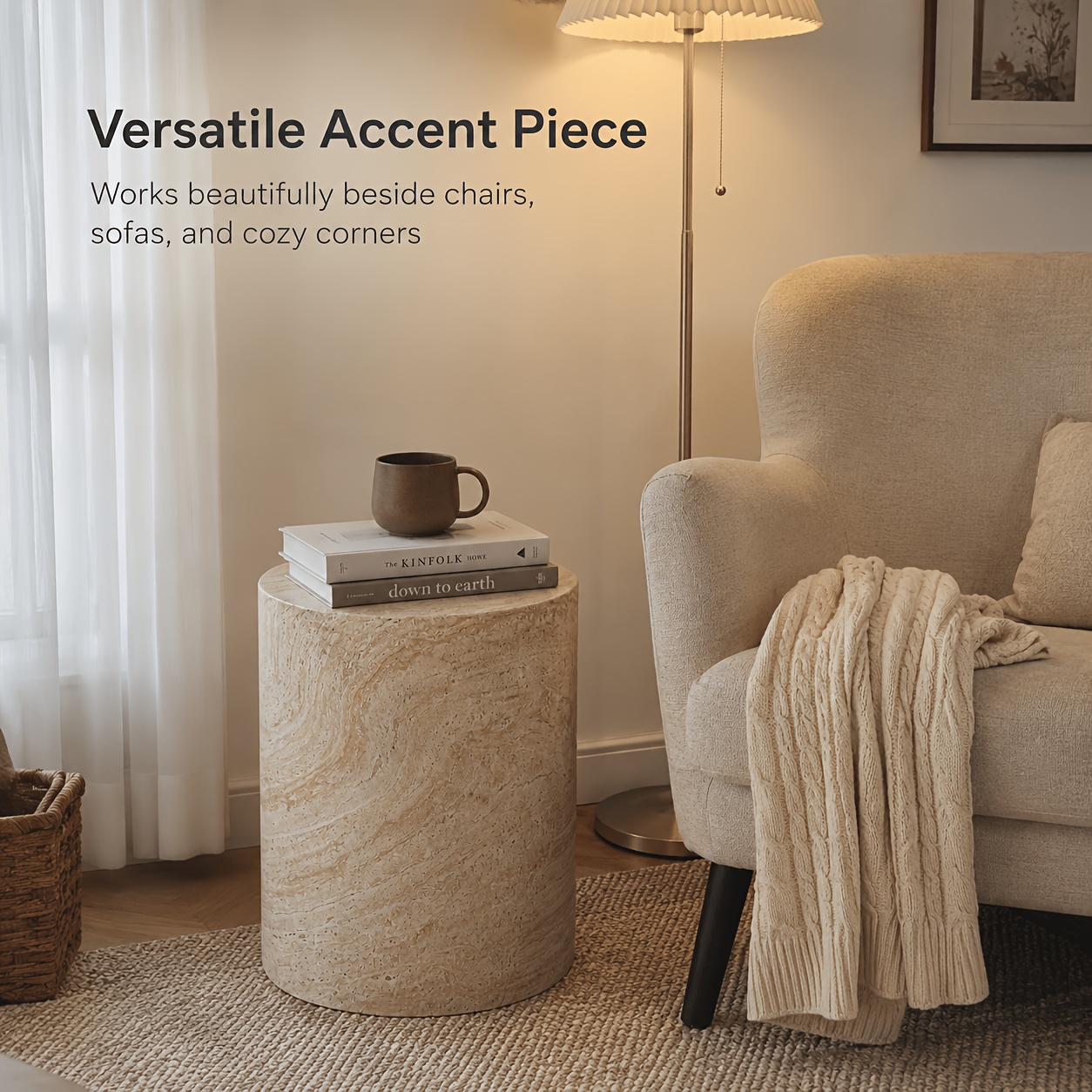 Modern Faux Marble Column Side Table, Minimalist Round Pedestal Coffee Table, Artistic Display Stand for Living Room & Hotel, Aesthetic Home Decor