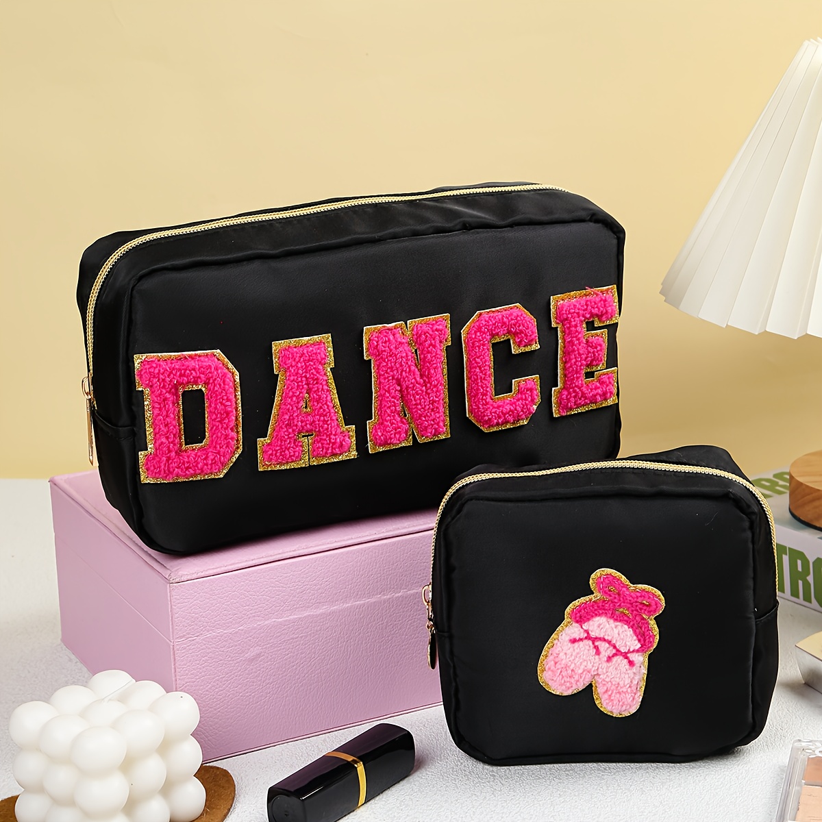 

2-pack Unisex Adult Black Polyester Cosmetic Bags With Embroidered "dance" Lettering, Large Capacity Multi-purpose Makeup Organizer Pouch For Daily Use, Travel, And Home Storage