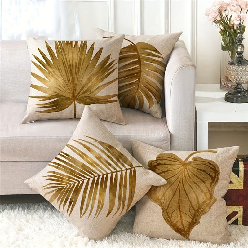 

Contemporary Golden Palm Leaf Print Throw Pillow Covers Set Of 4 - Hand Wash Woven Polyester Zippered Cushion Cases For Living Room Decor
