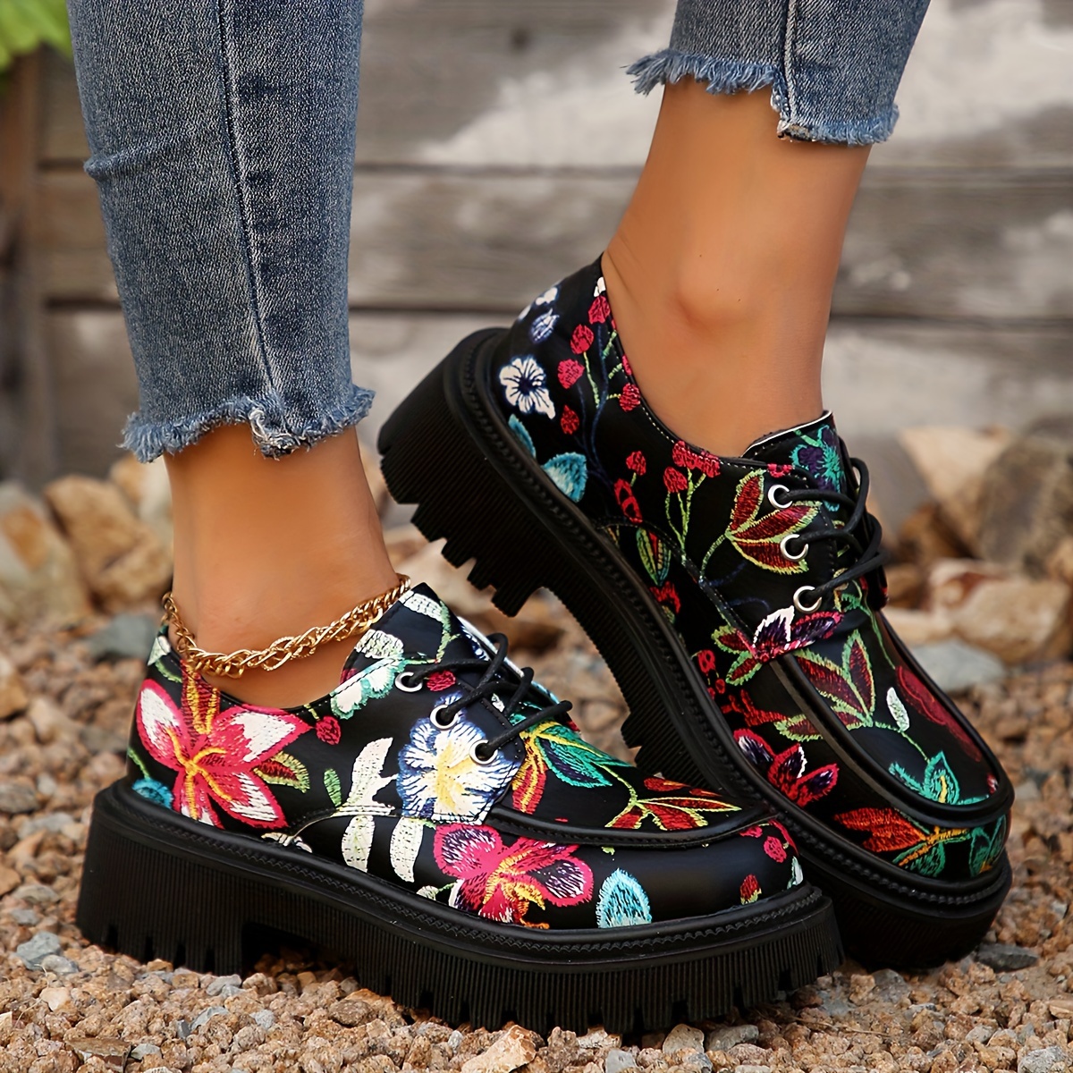 

Floral Printed Platform Loafers For Women - Plain Toe Fabric Lined Pu Sole Penny-loafer, -ons With Upper - North America & European Special