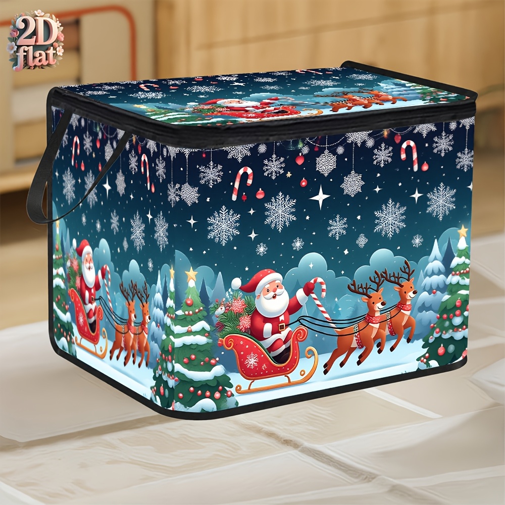 TEMU Large Capacity Foldable Basket With Lid, Christmas Character Pattern, 2d Flat, Home Closet Folding Storage Box, Suitable For Bedroom, Closet,