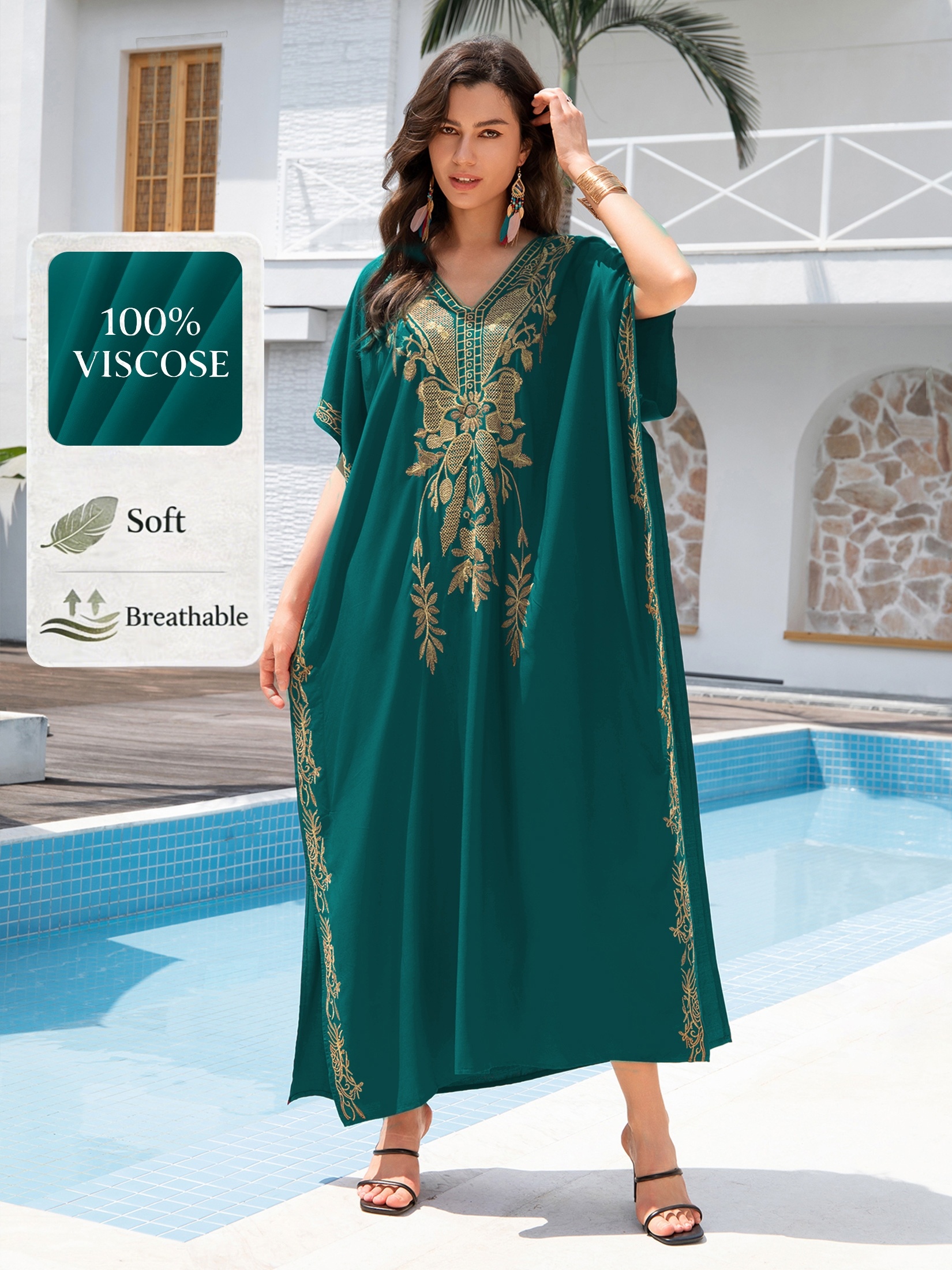 Plus Size - Plus Size - Ljetna kaftan haljina za žene size veličinama za 2024. s boho zelenim vezom i šišmiš rukavima, savršena za odmor na plaži i seksi V izrez Q1702