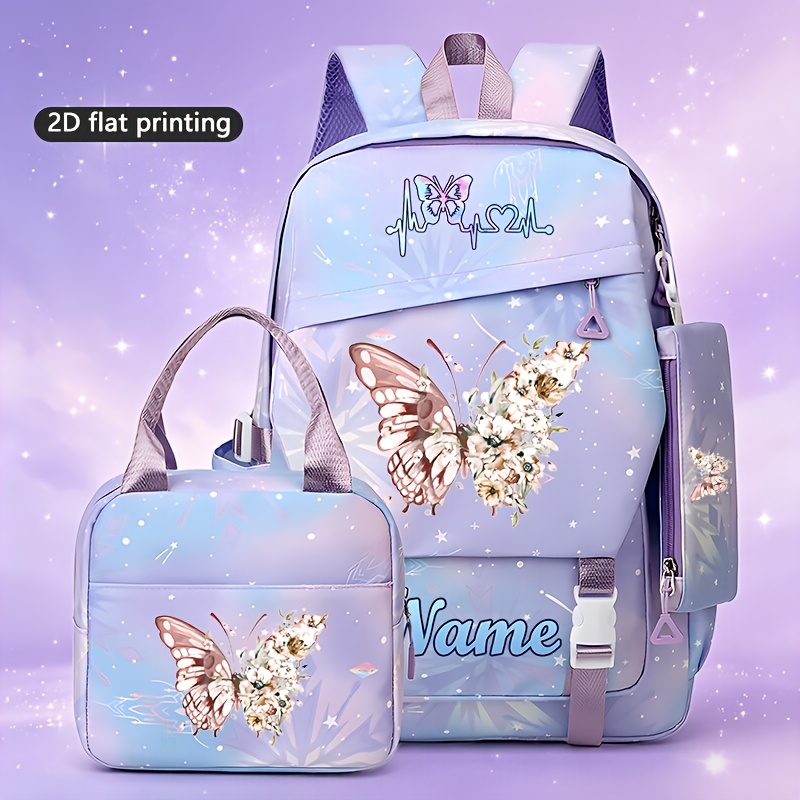 TEMU Personalized Customization. 3pcs Fashionable Gradient-colored Floral School Backpack Set, With Print, Double Zippers For Closure, Large Capacity