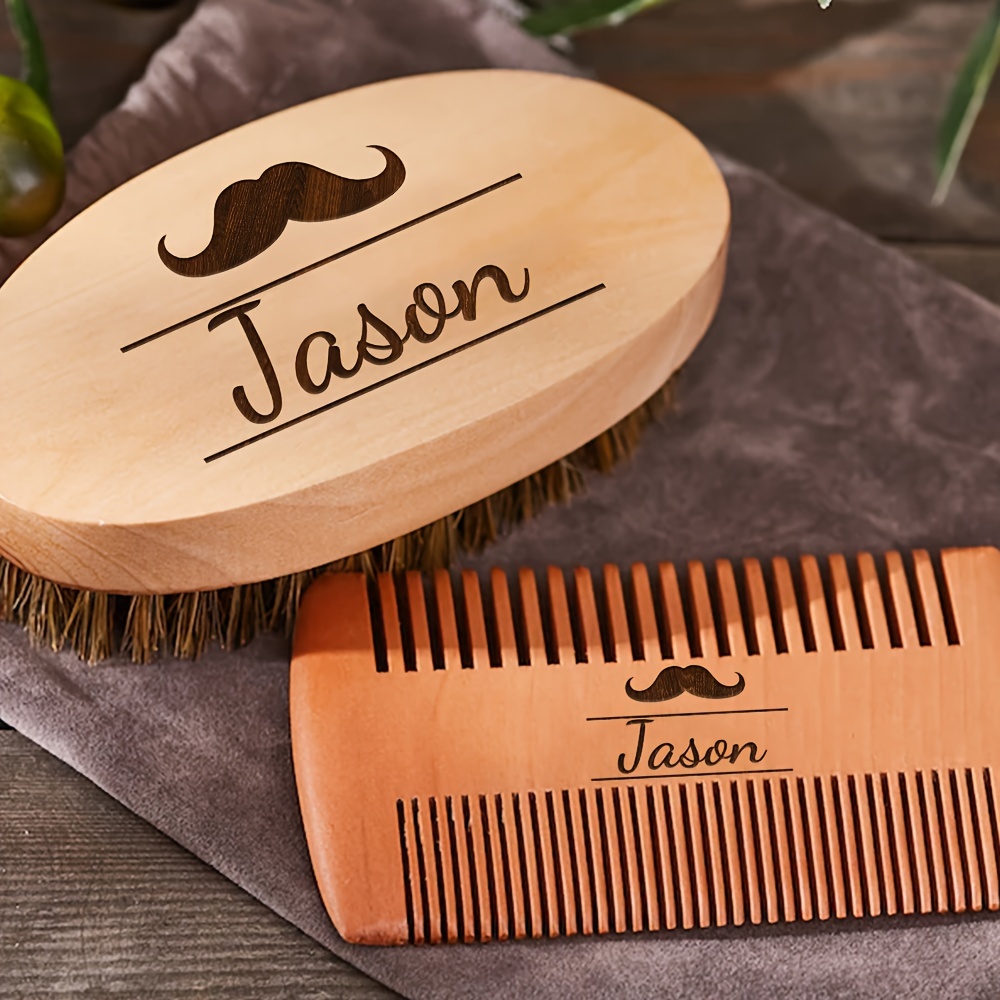 

2pcs/set Customized Beard Brush And Comb Set, With Moustache Pattern, Natural Bristle Brush, Double Sided Beard Comb, Storage Bag, Gifts For Men, Father's Day Gift