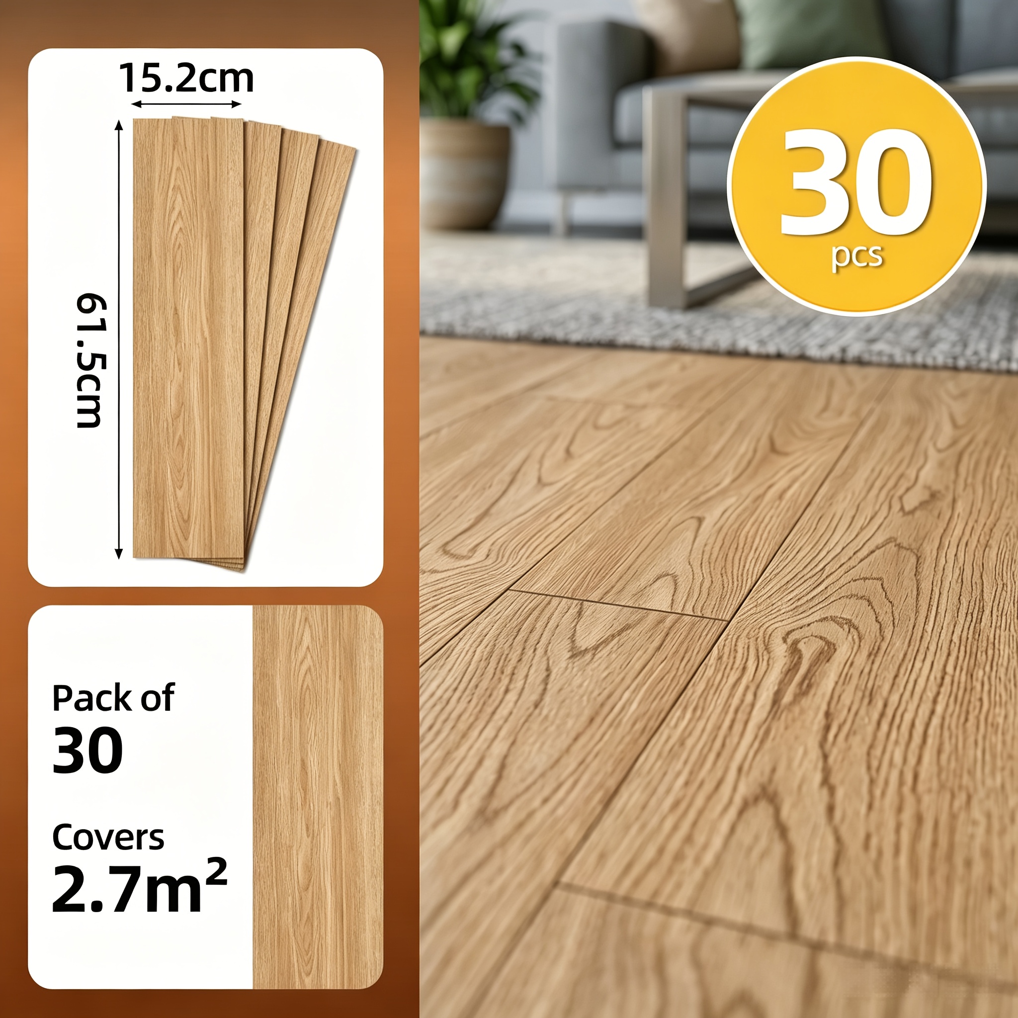 TEMU 30pcs Set Of Vintage Floor Tiles, 60 X 15 X 0.1 Cm, Thickened Material, Suitable For Home Decoration, Tear-off Type, Wear-resistant, Easy To