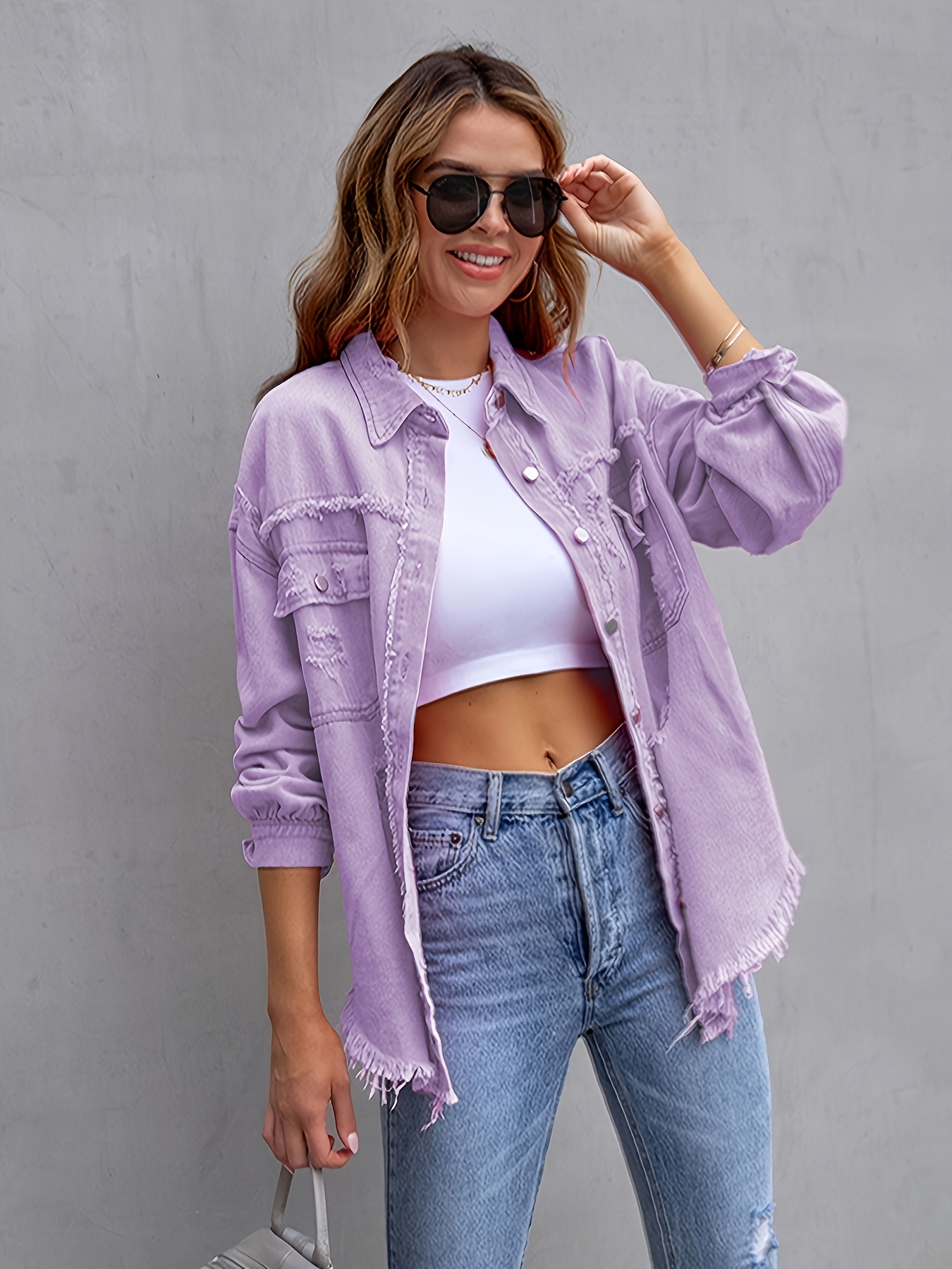 women' purple denim jacket distressed details long Temu South Africa
