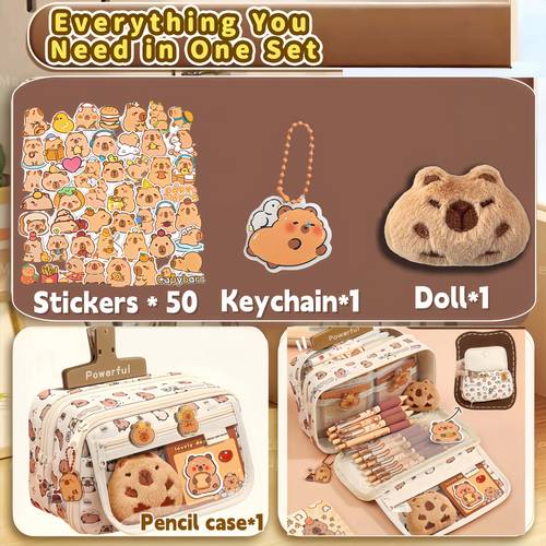 53pcs capybara themed supply bundle with random capybara dolls stickers accessories capybara pen case with multi compartments zipper pockets for back to school essentials christmas